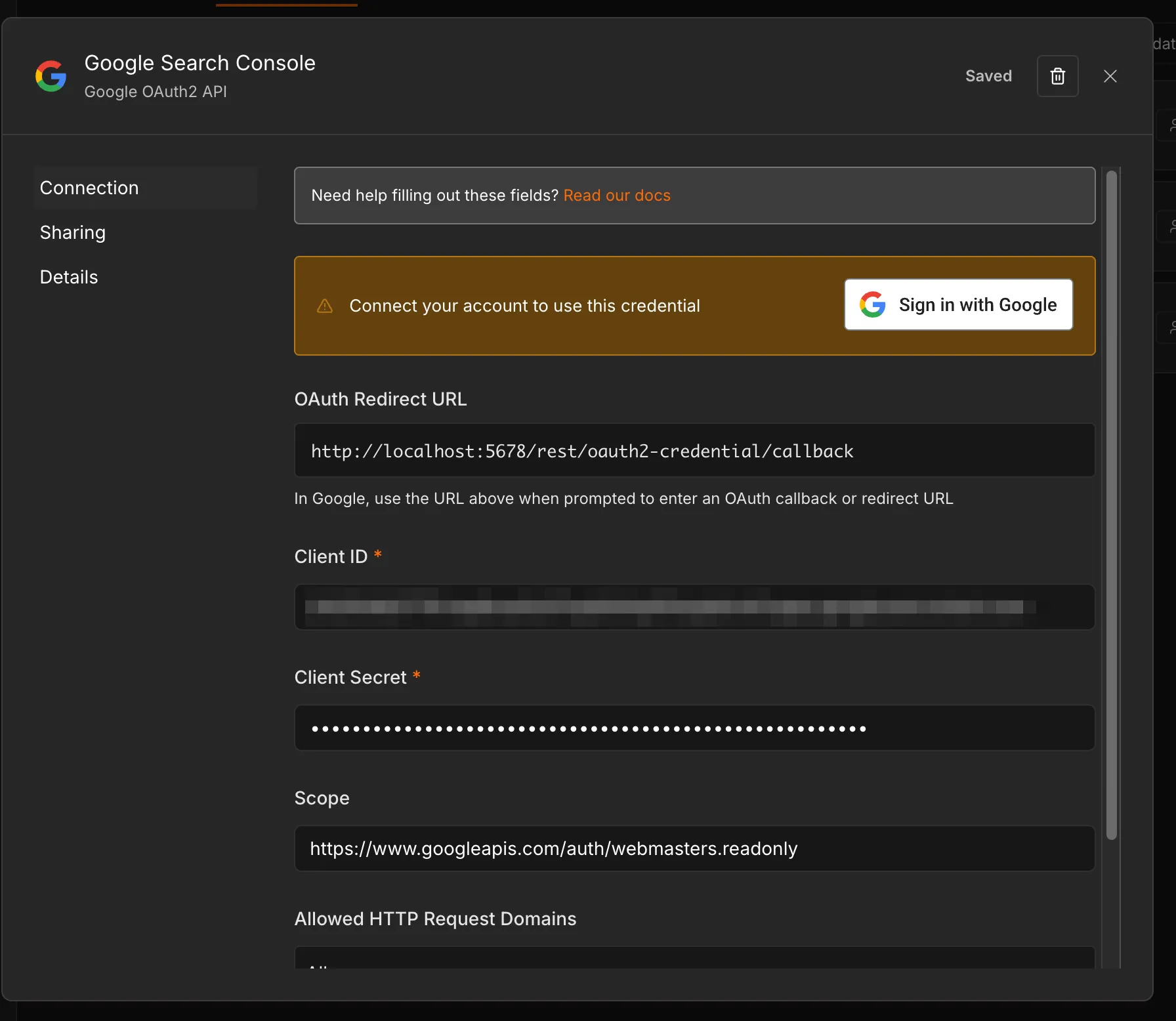 Poświadczenie Google OAuth2 API w n8n - uzupełnione Client ID, Client Secret i Scope, przycisk Sign in with Google