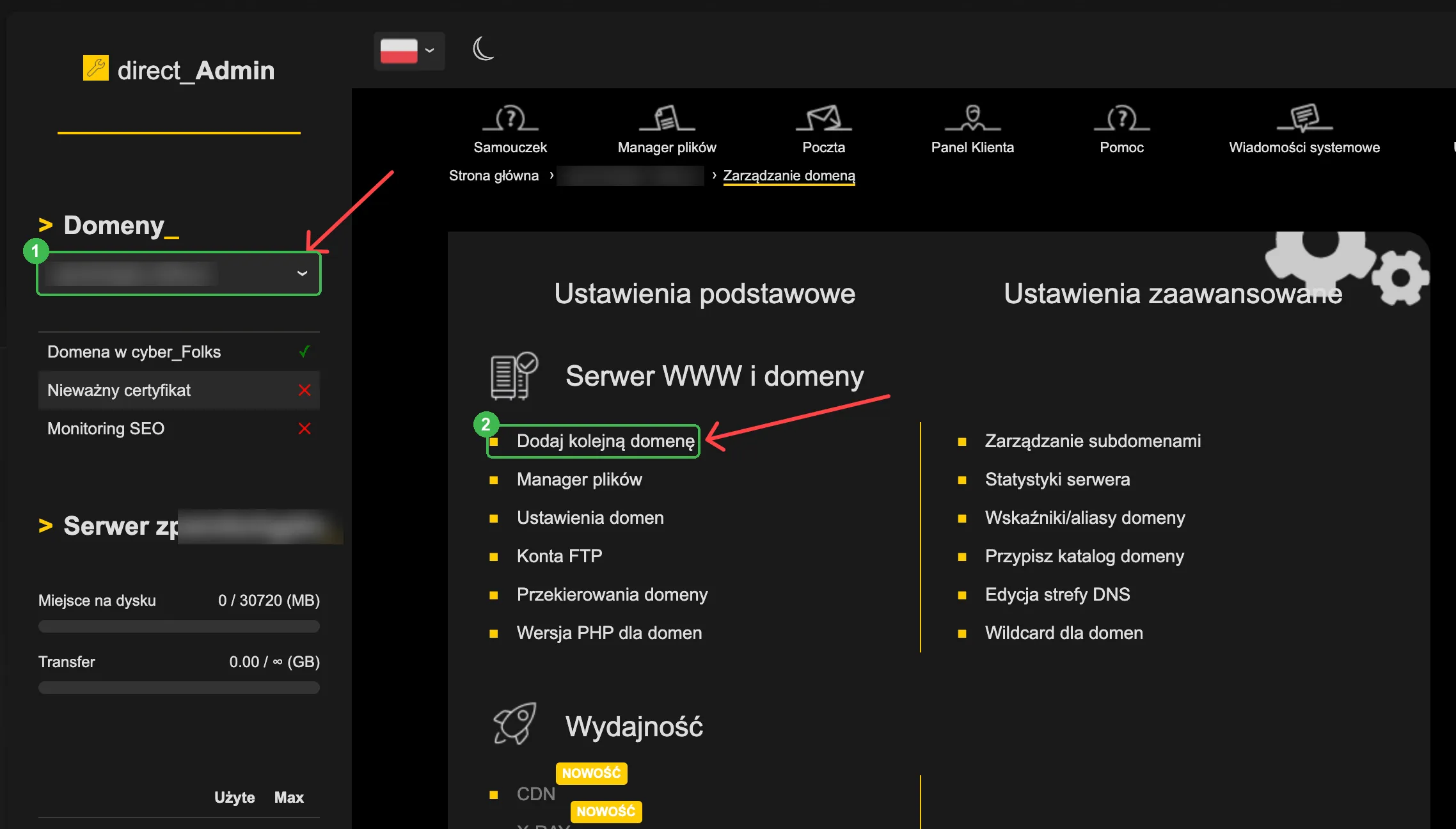 DirectAdmin z listą domen po lewej i opcją Dodaj kolejną domenę