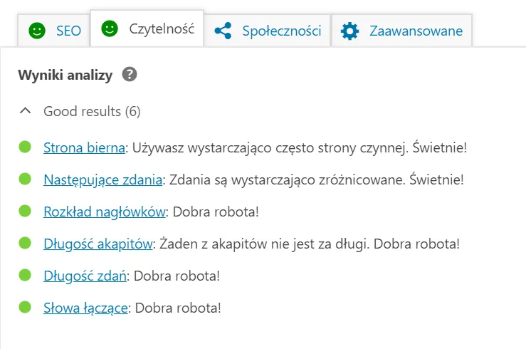 Yoast - analiza tekstu