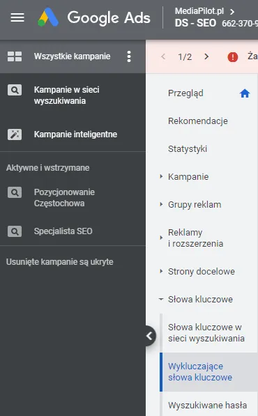 Wykluczające słowa kluczowe