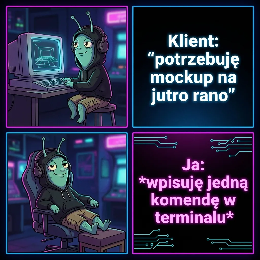Klient: potrzebuję mockup na jutro rano. Ja: wpisuję jedną komendę w terminalu