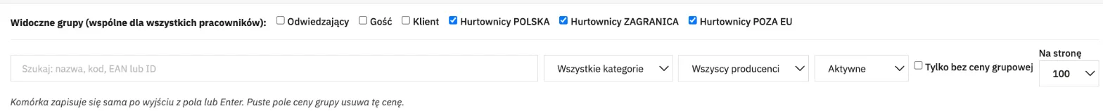 Pasek filtrów modułu: wybór widocznych grup klientów, wyszukiwarka, kategoria, producent, aktywność i filtr produktów bez ceny grupowej