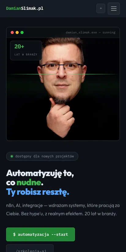 Strona damianslimak.pl - obiekt testu. Zdjęcie w hero to element LCP, do którego jeszcze wrócę.