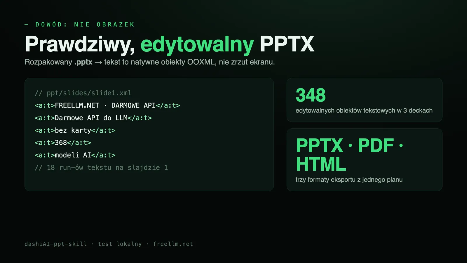 Dowód edytowalnego PPTX: fragment pliku XML slajdu z tekstem jako obiektami OOXML, 348 edytowalnych obiektów w trzech deckach